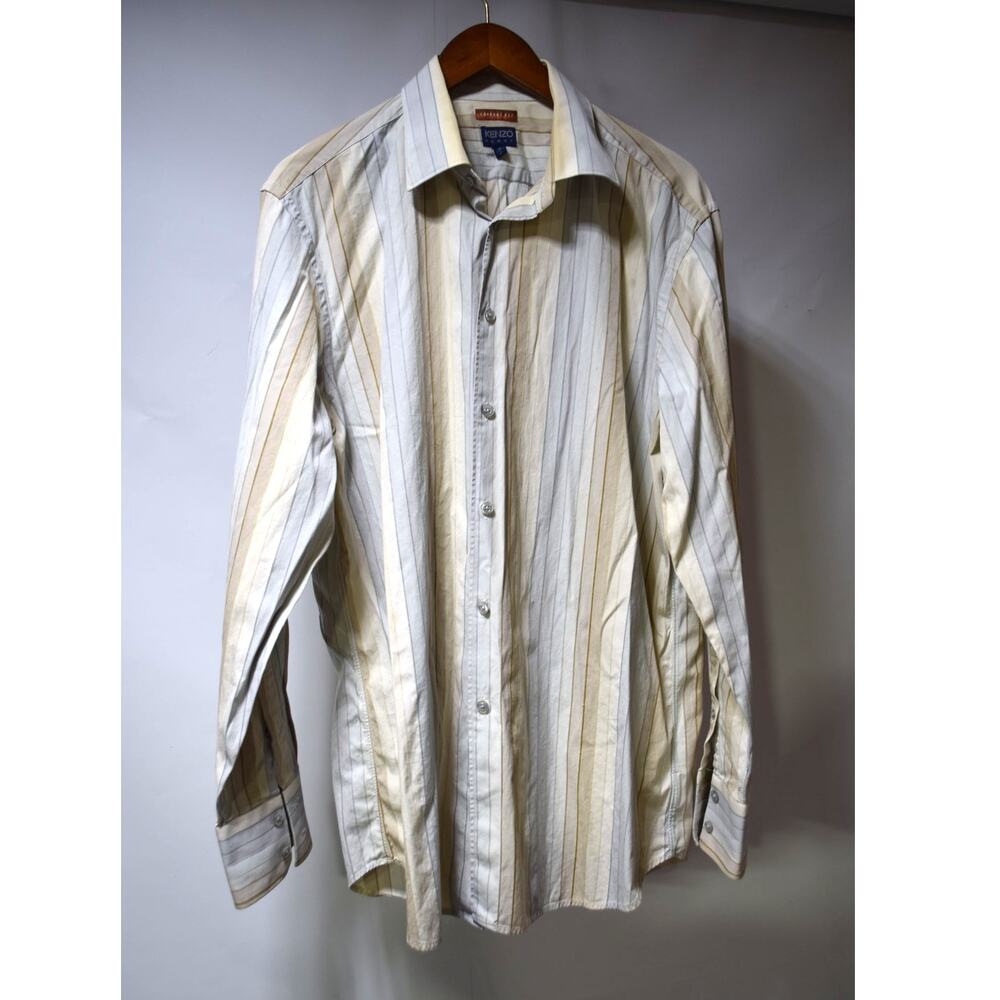 Kenzo Homme Comfort Fit Men’s 41/16 Cream Gray Striped Cotton Long Sleeve Shirt